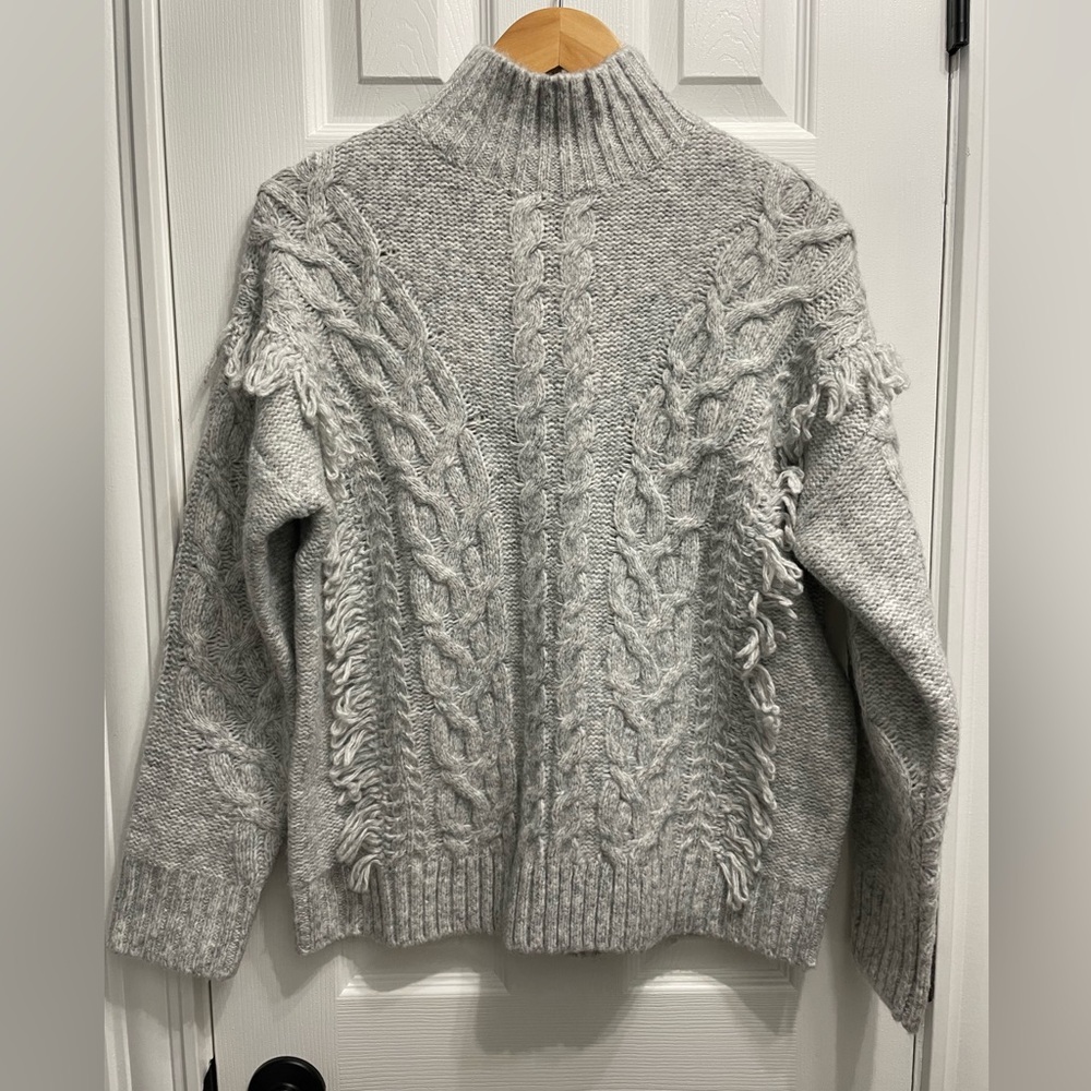 RW & Co Gray Mock Neck Cable Knit Fringe Pullover Women’s Sweater Medium
